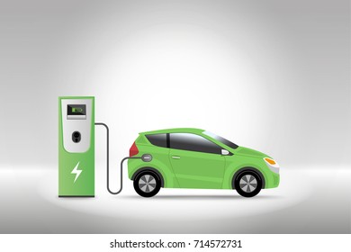 Electric car charging at charger service station with grey background. Hybrid Vehicle, Eco friendly auto or electric vehicle concept. Vector illustration.