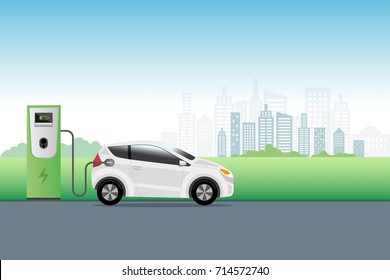 Electric car charging at charger service station front of eco city background. Hybrid Vehicle, Eco friendly auto or electric vehicle concept. Vector illustration.