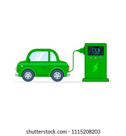 Electric Car charging at the charger station, Vector isolated cartoon illustration. Side view.