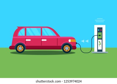 Electric car charging at the charger station. Ecological transport concept. Flat Vector Illustration