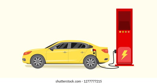 Electric Car Charging At The Charger Station Vector Illustration