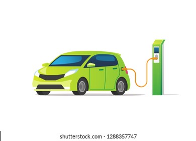 Electric car charging at the charger station. Vector illustration.