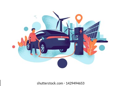 Electric car charging at charger station with a young man. Renewable power generation with wind turbines and solar panels and city skyline. Isolated vector illustration concept grainy noise style. 