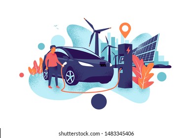 Electric car charging at charger station with a young man. Renewable power generation with wind turbines and solar panels and city skyline. Isolated vector illustration concept grainy shadow style. 