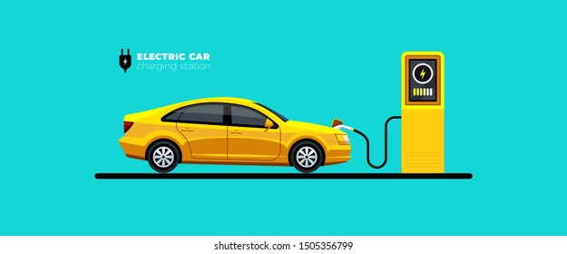 Electric car charging at the charger station or point vector illustration. E-vehicle and electromobility design concept. Eco friendly car.