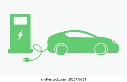 Electric car charging at the charger station. Vector illustration.