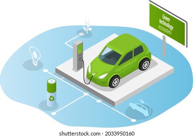 Electric car charging at charger station. Refueling car with environmentally friendly fuel. Use of biofuels, alternative energy sources. Ecological consumption for fiber technology production