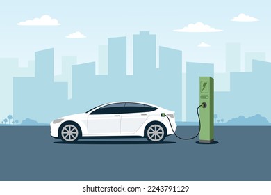 Electric car charging at the charger station with a plug in cable. Isolated flat vector illustration concept. Cityscape background.