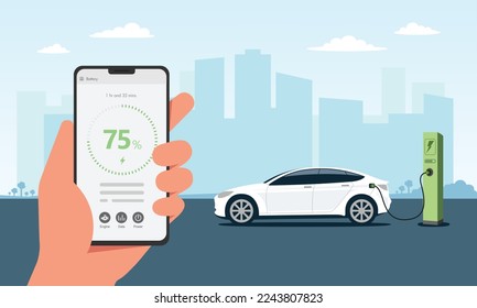 Electric car charging at charger station controlled via smartphone charging app. Hands holding phone with smart battery charge application. Cityscape bacground.