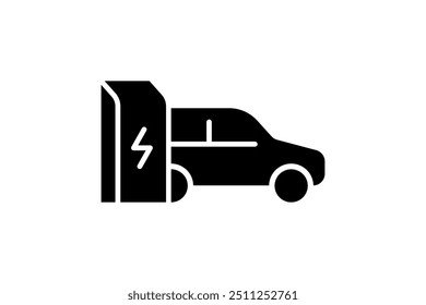 Electric car charging in charger station connector black icon. Electrical auto green power charge symbol. Eco friendly electro vehicle recharge sign. Vector battery powered EV transportation eps logo