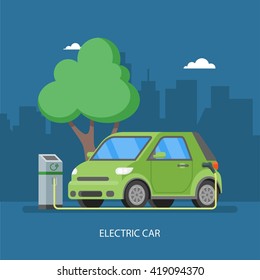 Electric car charging at the charger station. Vector illustration in flat style. Eco transport concept background.