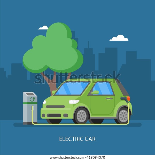 Electric car\
charging at the charger station. Vector illustration in flat style.\
Eco transport concept\
background.