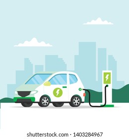 Electric car charging with city background. Concept illustration for environment, ecology, sustainability, clean air, future. Vector illustration in flat style. 