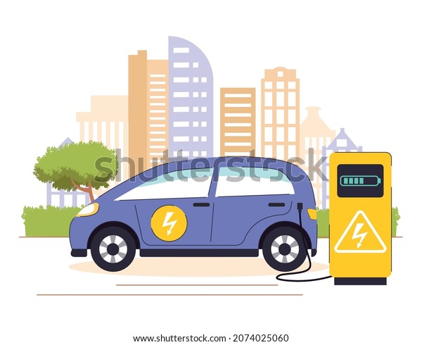 Electric car charging with city background.\
Concept illustration for environment care, ecology, sustainability,\
clean air, future. Vector illustration in flat style. Electric\
charger station.