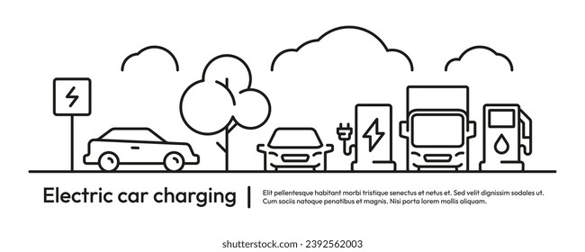 Concepto de recarga eléctrica de coches. Carga de baterías de automóviles eléctricos, concepto de vehículos híbridos, concepto de energía de transporte sostenible. Ilustración vectorial de la estación eléctrica del automóvil