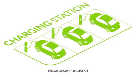 Electric car charging concept. Green isometric vehicles at the charging station. Vector illustration.