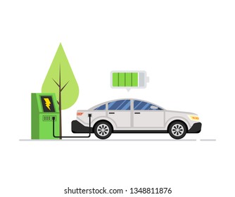 Electric car charging. Electro mobility e-motion concept.  Vector flat Illustration.