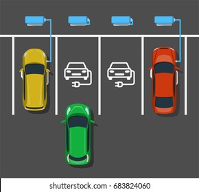 Electric Car Charging At Ev Power Station. Parking At Charging Station. Electric Vehicle Getting Energy. Top View. Flat Style. Vector Illustration.