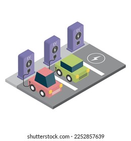 Cargador eléctrico de coches en el estacionamiento de la estación EV en estilo 3d isométrico. Concepto de diseño de tecnología de energía verde para vehículos. Ilustración vectorial.