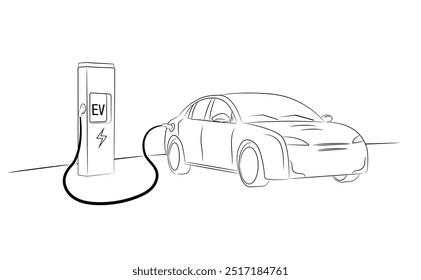 Carro elétrico carregando em uma estação de carregamento de VE. Desenho de linha em preto e branco. Transporte ecológico, indústria automobilística, tecnologia futura. Ilustrações vetoriais.