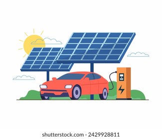 Elektro-Auto-Ladeplatz mit schneller Ladestation Fahrzeug auf erneuerbarer Sonnenkollektorstation Vektor-Illustration