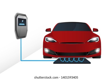 Electric Car Is Charging In The Garage From A Wireless Charging Station