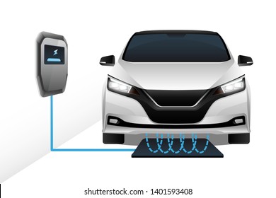 Electric Car Is Charging In The Garage From A Wireless Charging Station