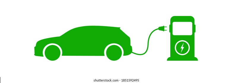 Cargador de coche eléctrico .Vehículo eléctrico verde con estación de carga   sobre fondo blanco. Icono del vector. Combustible ecológico .Automóvil híbrido. 10 pasos