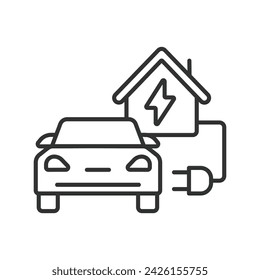 Electric Car Charging at Home icon line design. Car, home, charge, vehicle, ev, electric, charger, isolated on white background vector. Electric Car Charging at Home editable stroke icon.