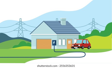 Electric Car Charging at Home with Power Grid in Background Vector Illustration