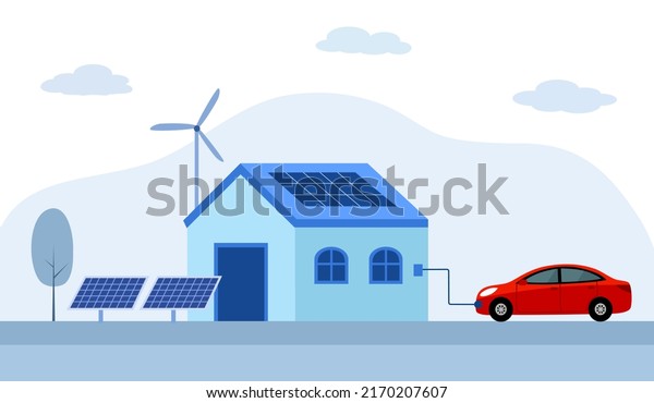 Electric car charging at home with solar panels\
and wind power station green\
energy.