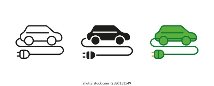 Electric car charging icon. Eco-friendly vehicle with a power plug vector illustration. Sustainable transportation and renewable energy concept. Battery-powered automobile symbol. Green mobility.