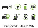 Electric car charging icon, EV car charging icon, EV station, plug, location pin, hybrid car, green electric cars with plug symbol on white background, EV car charging vectors. 