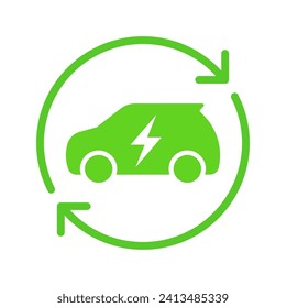 Electric car charging icon with recycling rotation arrow symbol, EV car, Green hybrid vehicles charging loop, Renewable clean energy sign, Eco friendly vehicle concept, Vector illustration