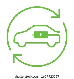 Electric car charging icon with recycling arrow. EV green hybrid vehicle charging loop. Vector illustration for eco-friendly transport, renewable clean energy, and sustainable mobility concepts