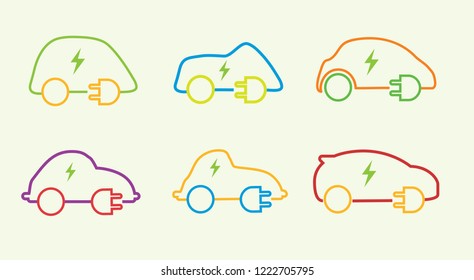 Electric car charging icon set with multiple colours and plug