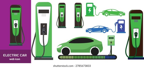 Electric car charging icon set. EV station, plug, socket, hybrid car, green electric car with plug symbol on white background - stock vector.
