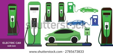 Electric car charging icon set. EV station, plug, socket, hybrid car, green electric car with plug symbol on white background - stock vector.