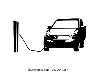 Electric car charging, isolated vector silhouette. Plug in hybrid