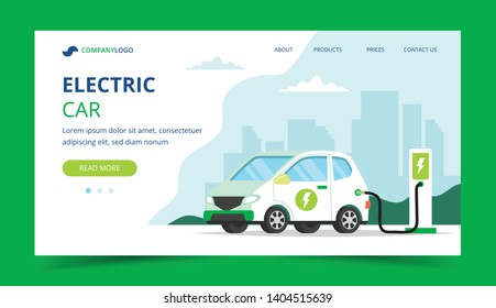 Electric car charging landing page - concept illustration for environment, ecology, sustainability, clean air, future. Vector illustration in flat style. 