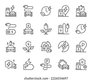 Electric car charging line icons. Charge station, Ev parking and Battery charger set. Home car charging, power station and electro energy line icons. Charge battery, parking electric plug. Vector