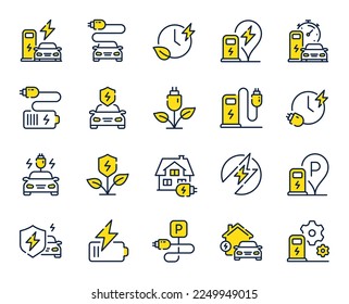 Electric car charging line icons. Charge station, Ev parking and Battery charger set. Home car charging, power station and electro energy line icons. Charge battery, parking electric plug. Vector