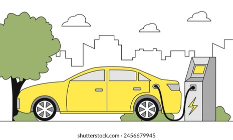 Electric car charging linear. Yellow auto at fuel station. Eco friendly transport. Care about ecology and nature. Reducing emission of harmful waste into atomosphere. Doodle flat vector illustration