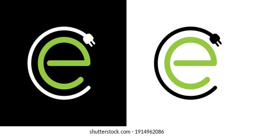 Electric Car Charging Logo For EV Electric Vehicle Chargers. Green E Vector Logo Template With Car Charging Plug For Hybrid Eco Friendly Automobiles