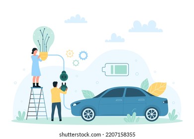 Electric car charging on charger station, eco transport technology vector illustration. Cartoon tiny people holding light bulb and plug with cable wire to charge engine of parking modern auto vehicle