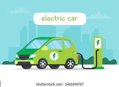 Electric car charging on city background and lettering. Concept illustration for environment, ecology, sustainability, clean air, future. Vector illustration in flat style. 