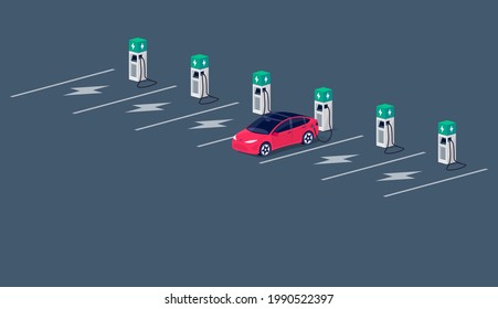 Electric car charging on empty parking lot area with fast supercharger station and many free charger stalls. Vehicle on electricity network grid. Isolated flat vector illustration on grey background.