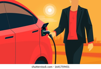 Electric car charging on orange city street skyline landscape. Vector illustration of man hand holding charger plug cable plugged in battery EV vehicle. Modern red automobile being charged by driver.