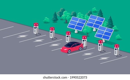 Electric car charging on parking lot area with fast supercharger station and many charger stalls. Vehicle on renewable solar panel power station electricity network grid. Flat vector illustration.