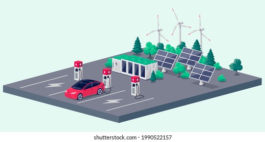 Electric car charging on parking lot with fast supercharger station and many charger stalls. Vehicle on renewable solar panel wind energy battery storage station in network grid. Vector illustration.